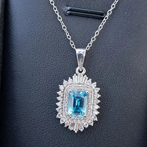 Blue Zircon and White Zircon Ballerina Halo Pendant Necklace 925 Sterling Silver